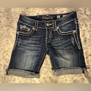 Miss Me Dark Indigo Rolled Hem Distressed Denim Shorts